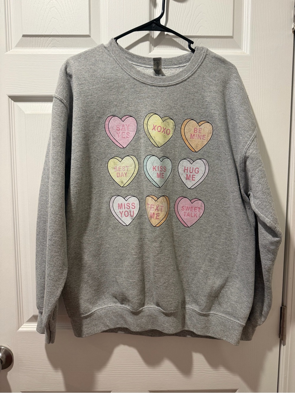 Gildan Gray Sweatshirt with Pastel Conversation Hearts